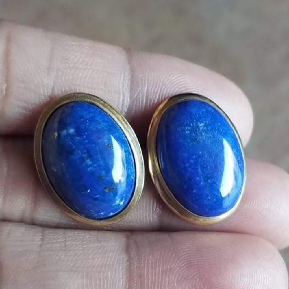 14k Gold Vintage Huge Blue Lapis Earrings and Pendant Set